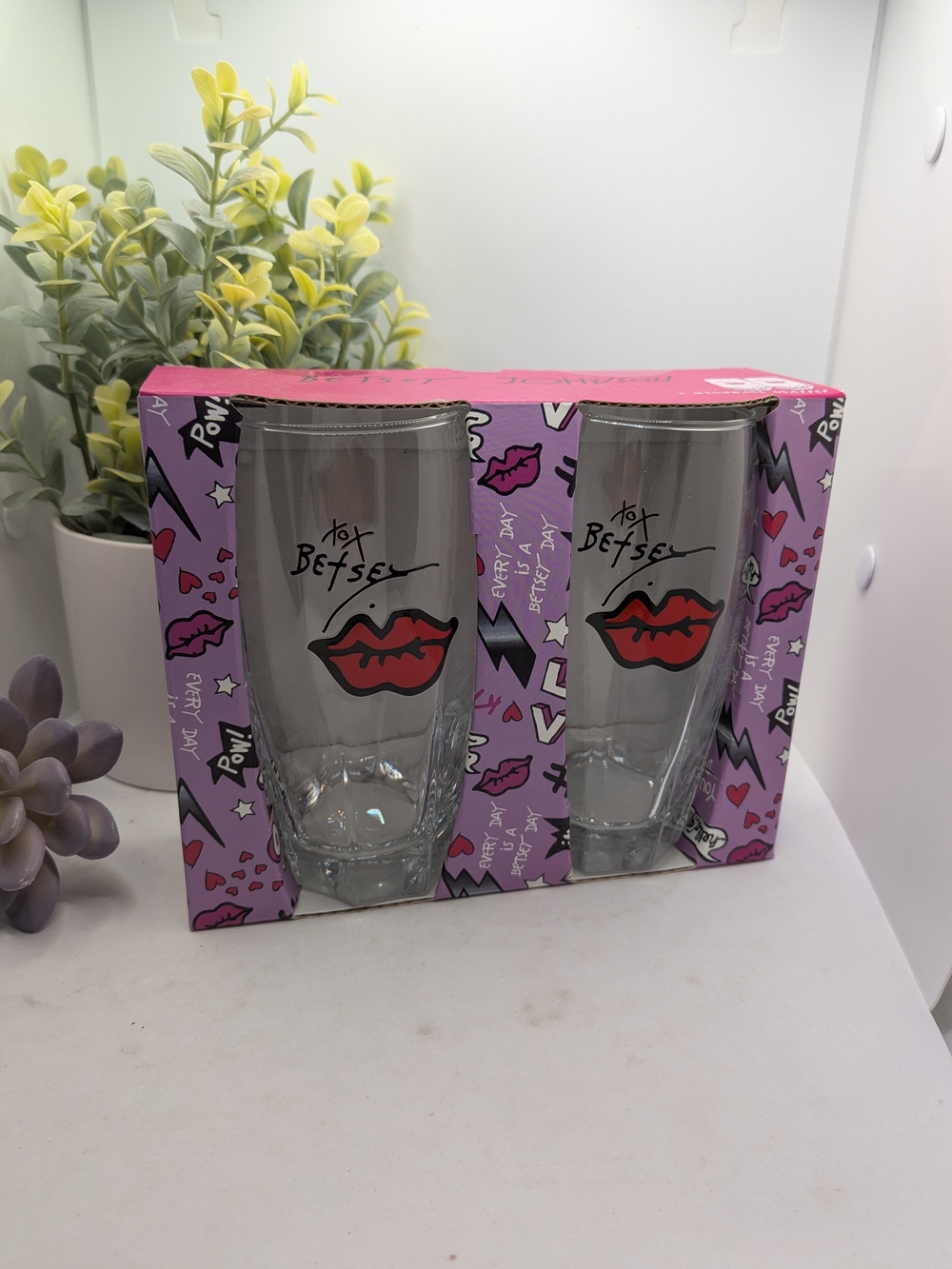 Betsey Johnson Pink Lip Print Glass Highball Set - 2 Pack
